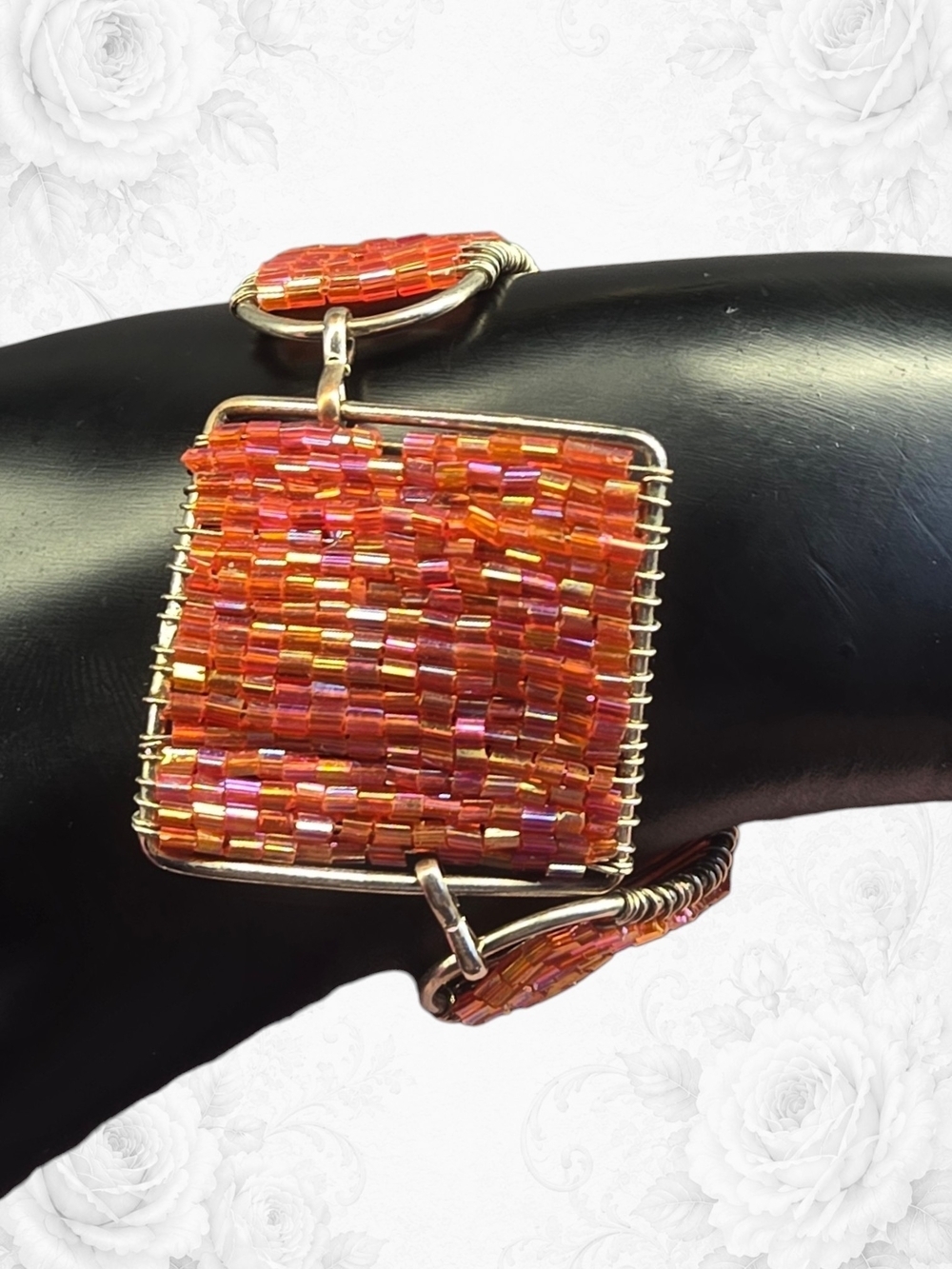 Handmade Orange Beaded Square Link Bracelet